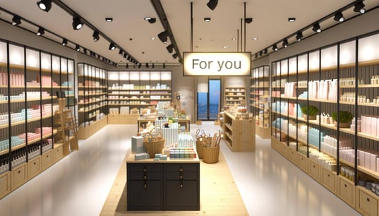 store with everything neatly arranged with a sign that says for you