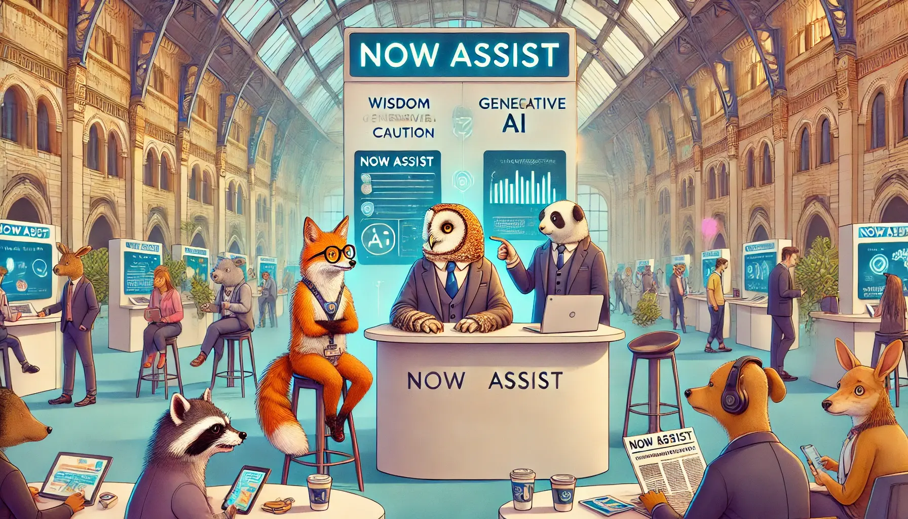 DALL·E 2024-11-21 16.49.04 - A whimsical illustration of animals attending a futuristic conference. The setting features a modern exhibition booth in a grand conference hall. At t