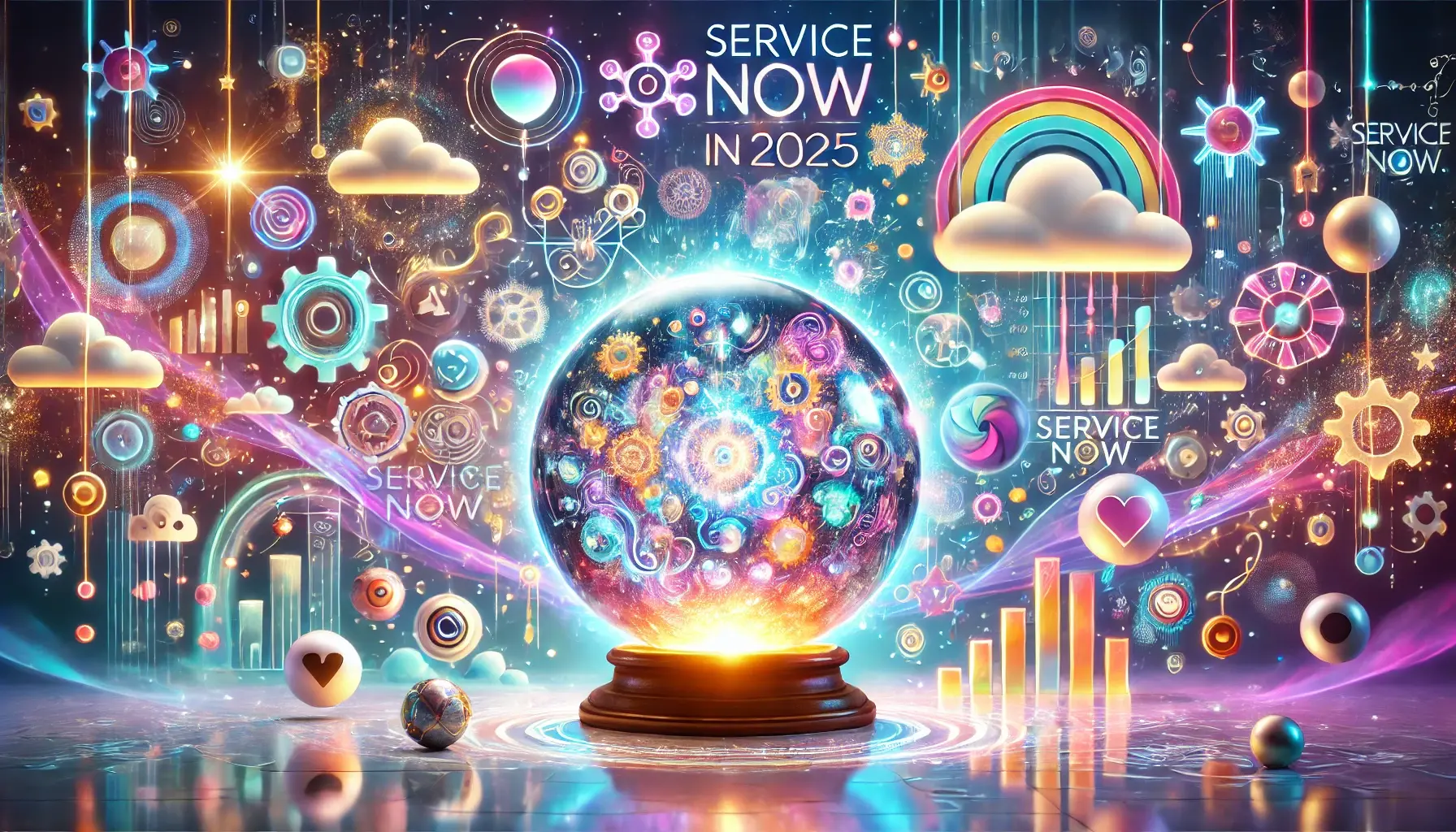 DALL·E 2024-12-10 16.46.08 - A whimsical and vibrant digital artwork illustrating predictions for ServiceNow software in 2025, featuring a large glowing crystal ball at the center